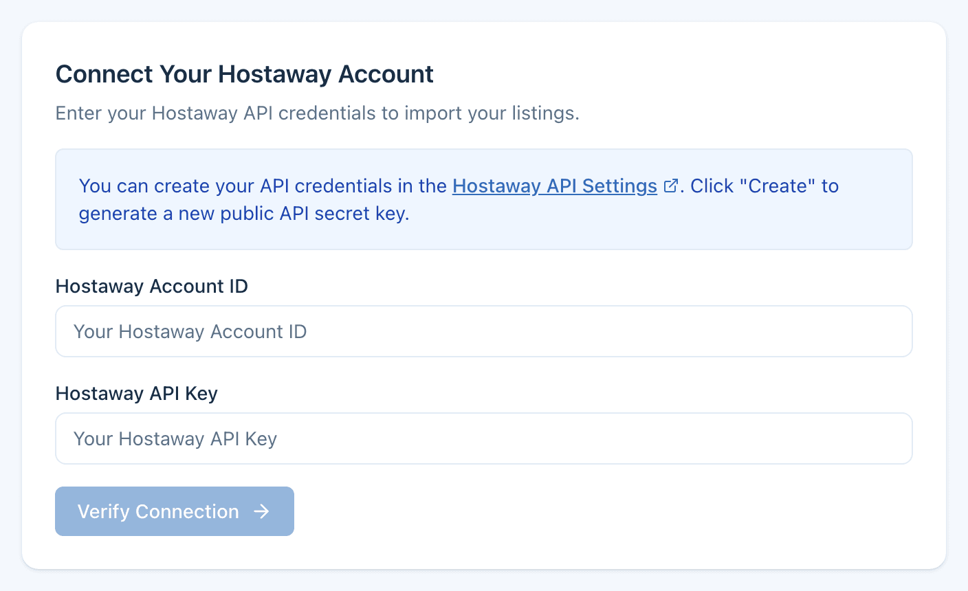 Screenshot of Hostaway connection flow